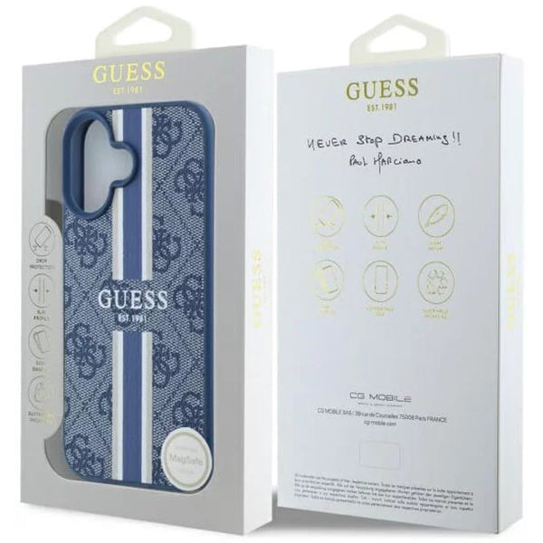 Funda MagSafe para Apple iPhone 16, Guess, 4G Printed Stripes, Azul