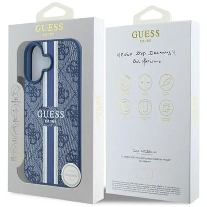 Funda MagSafe para Apple iPhone 16, Guess, 4G Printed Stripes, Azul