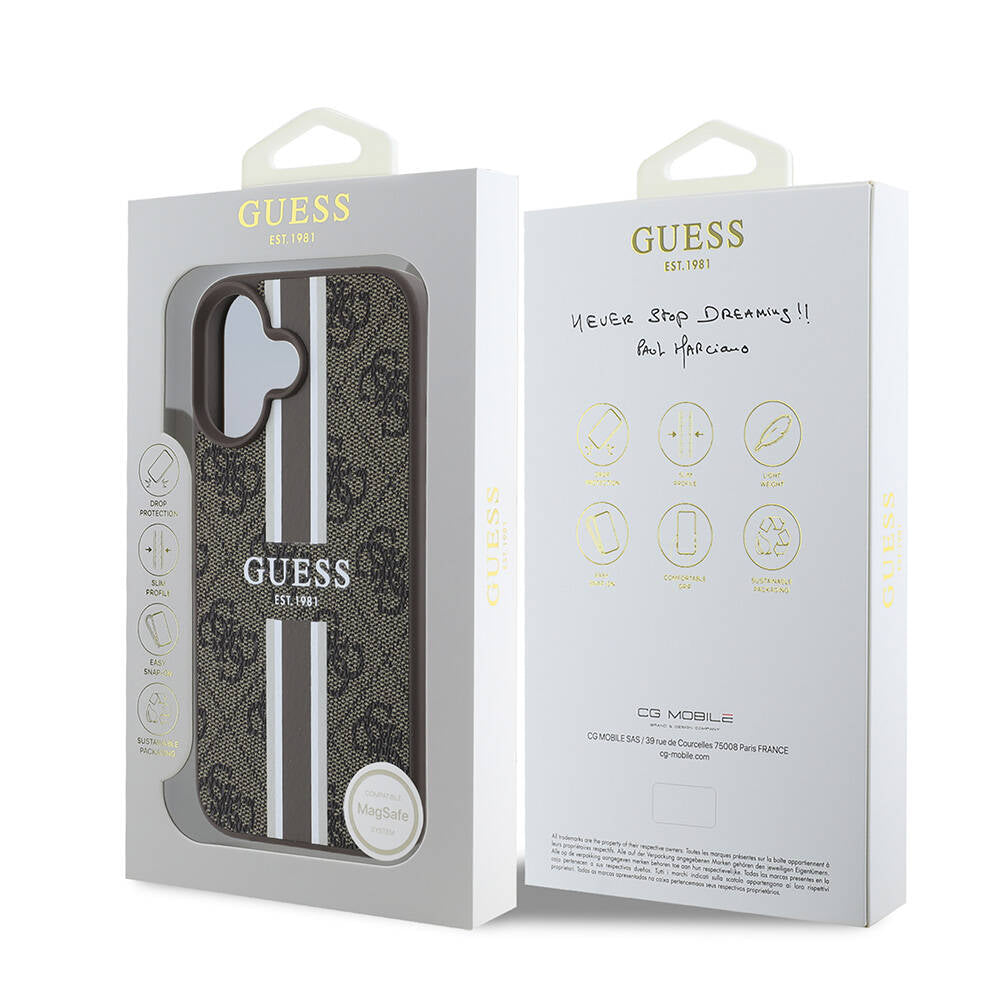 Funda MagSafe para Apple iPhone 16, Guess, 4G Printed Stripes, Marrón