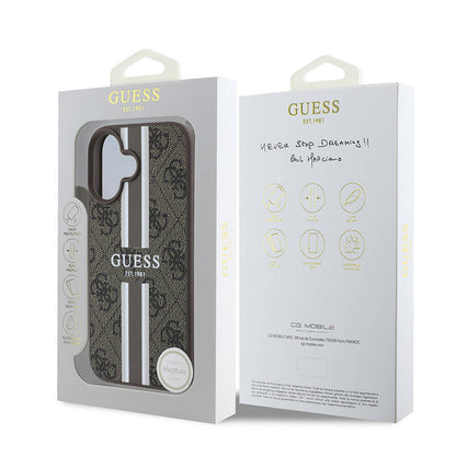 Funda MagSafe para Apple iPhone 16, Guess, 4G Printed Stripes, Marrón