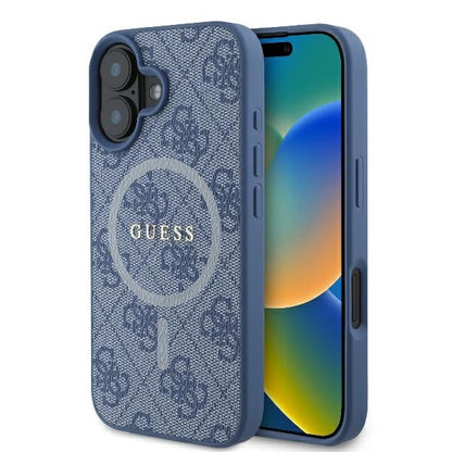 Funda MagSafe para Apple iPhone 16, Guess, 4G Ring Classic Logo, Azul