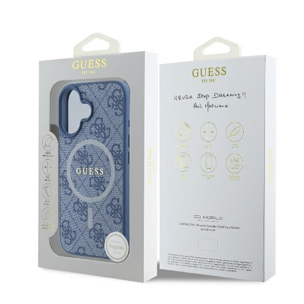 Funda MagSafe para Apple iPhone 16, Guess, 4G Ring Classic Logo, Azul