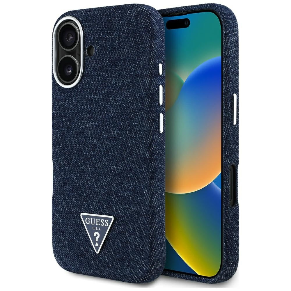 Funda MagSafe para Apple iPhone 16, Guess, Denim Triangle Logo, Azul