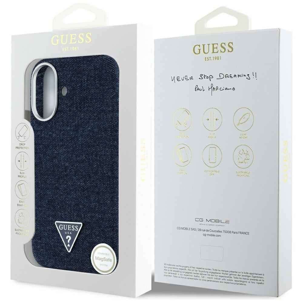 Funda MagSafe para Apple iPhone 16, Guess, Denim Triangle Logo, Azul