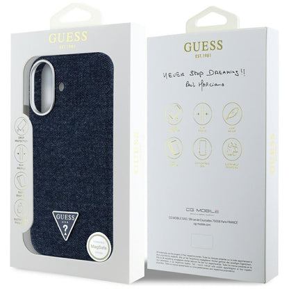 Funda MagSafe para Apple iPhone 16, Guess, Denim Triangle Logo, Azul