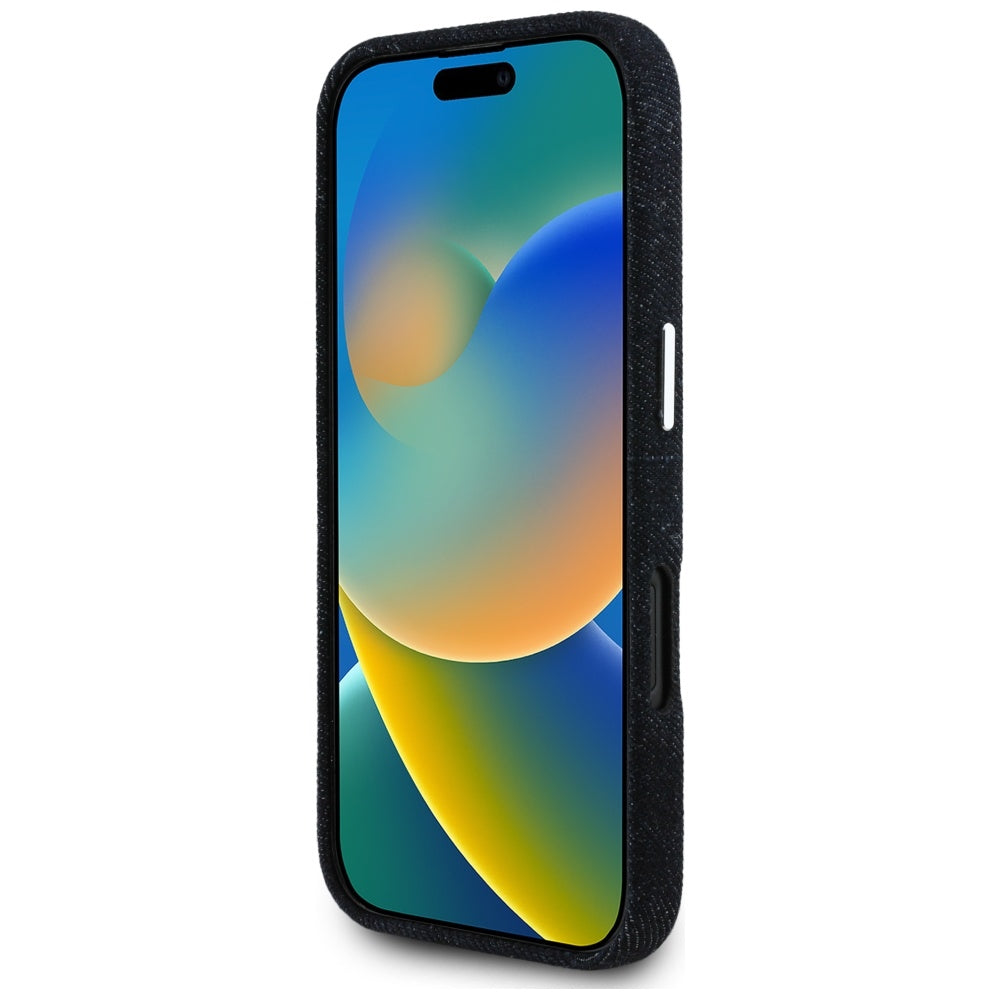 Funda MagSafe para Apple iPhone 16, Guess, Denim Triangle Logo, Negra