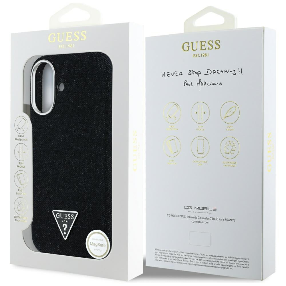 Funda MagSafe para Apple iPhone 16, Guess, Denim Triangle Logo, Negra