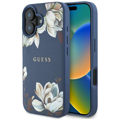 Funda MagSafe para Apple iPhone 16, Guess, Grained Flowers, Azul
