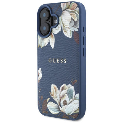 Funda MagSafe para Apple iPhone 16, Guess, Grained Flowers, Azul