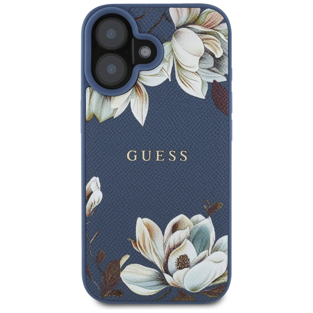 Funda MagSafe para Apple iPhone 16, Guess, Grained Flowers, Azul
