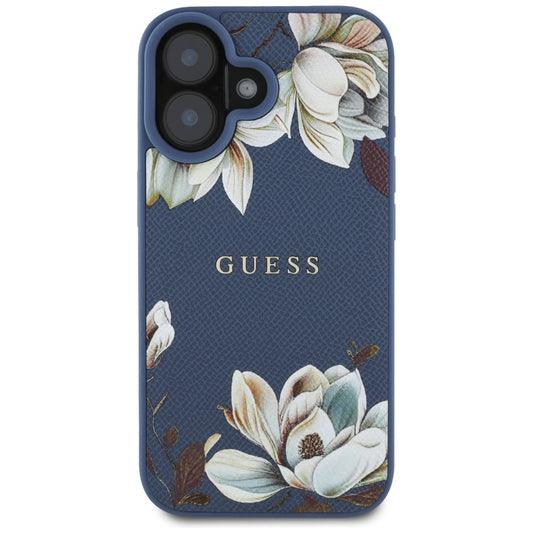 Funda MagSafe para Apple iPhone 16, Guess, Grained Flowers, Azul