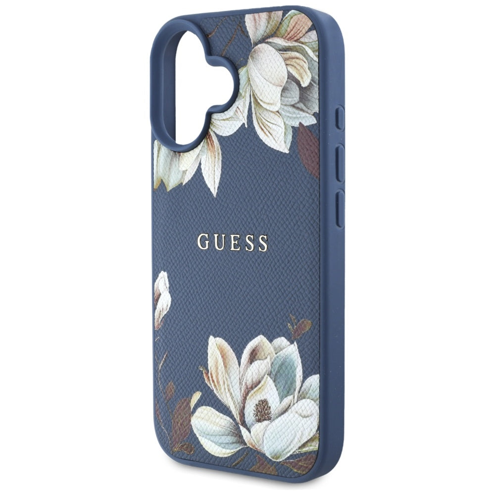 Funda MagSafe para Apple iPhone 16, Guess, Grained Flowers, Azul