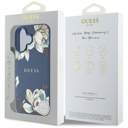 Funda MagSafe para Apple iPhone 16, Guess, Grained Flowers, Azul