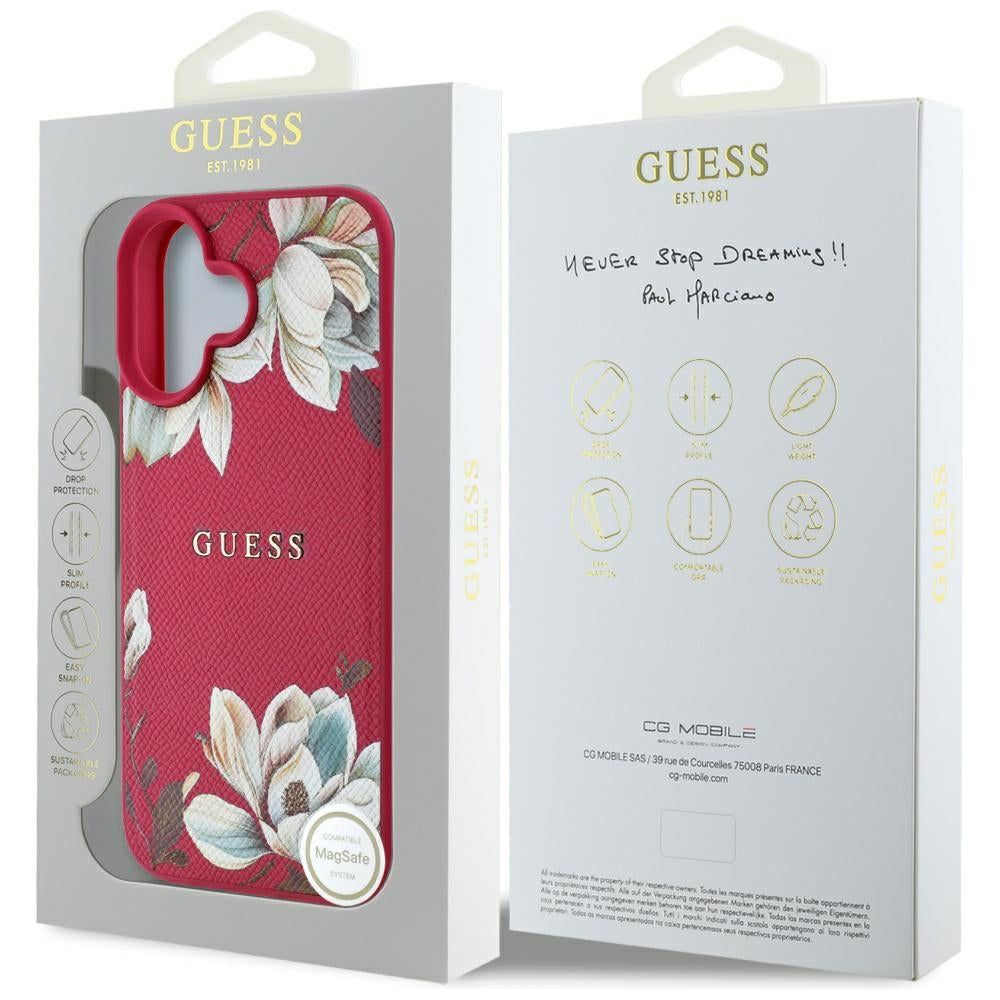 Funda MagSafe para Apple iPhone 16, Guess, Grained Flowers, Fucsia