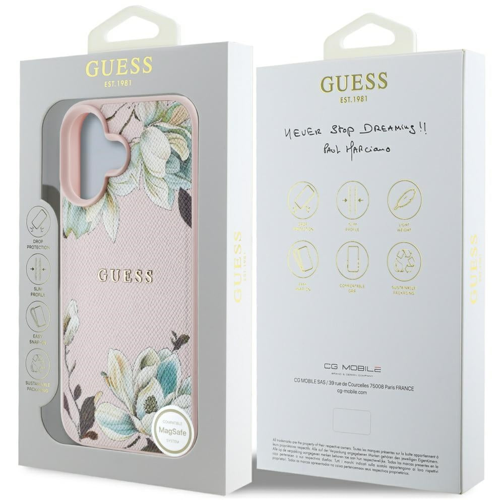 Funda MagSafe para Apple iPhone 16, Guess, Grained Flowers, Rosa