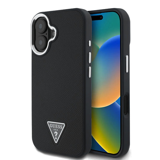 Funda MagSafe para Apple iPhone 16, Guess, Logo Triángulo Granulado, Negra