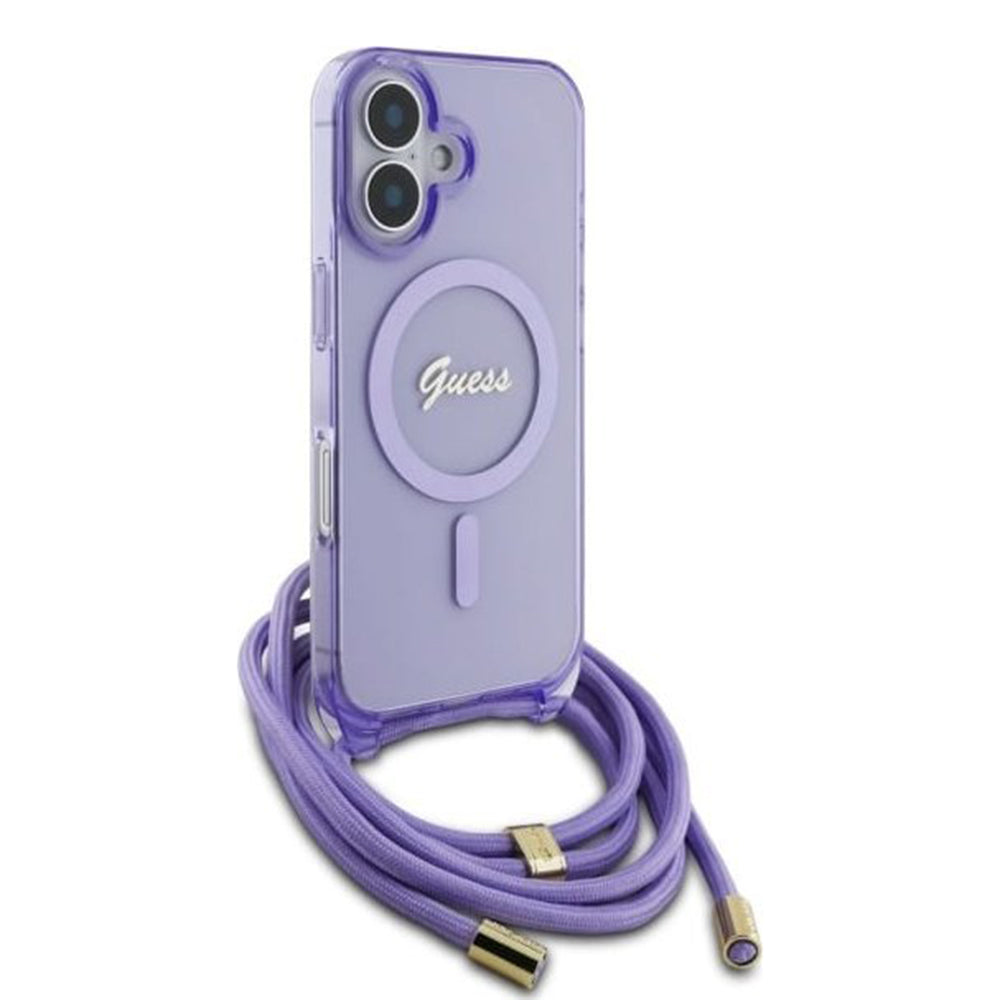 Funda MagSafe para Apple iPhone 16, Guess, IML Crossbody Cord Script, Morado