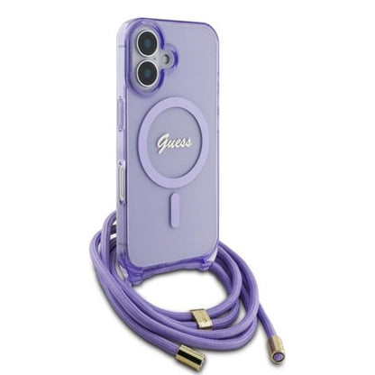 Funda MagSafe para Apple iPhone 16, Guess, IML Crossbody Cord Script, Morado