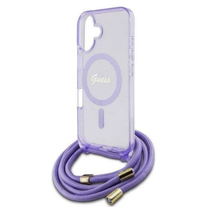 Funda MagSafe para Apple iPhone 16, Guess, IML Crossbody Cord Script, Morado