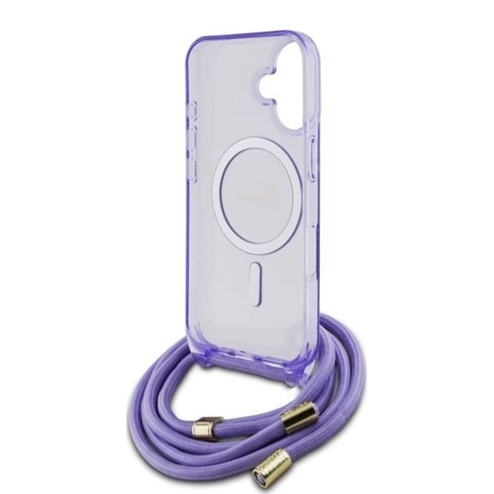 Funda MagSafe para Apple iPhone 16, Guess, IML Crossbody Cord Script, Morado