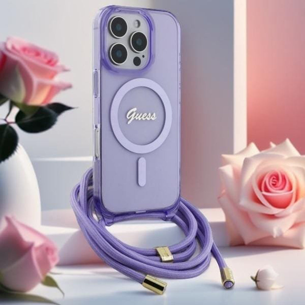 Funda MagSafe para Apple iPhone 16, Guess, IML Crossbody Cord Script, Morado