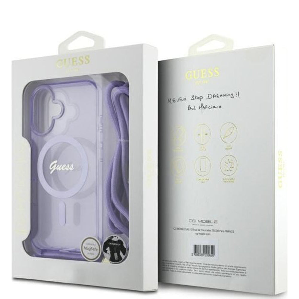 Funda MagSafe para Apple iPhone 16, Guess, IML Crossbody Cord Script, Morado
