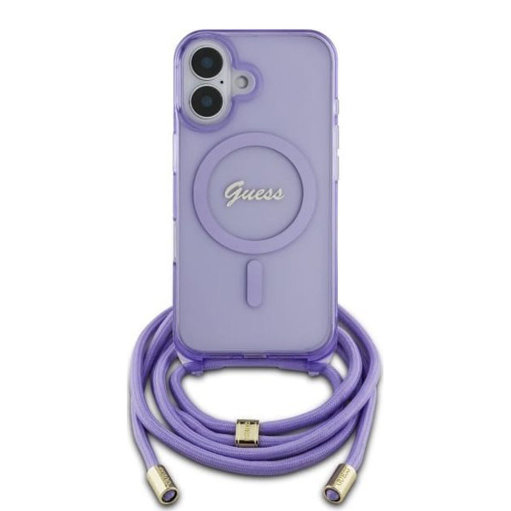 Funda MagSafe para Apple iPhone 16, Guess, IML Crossbody Cord Script, Rosa