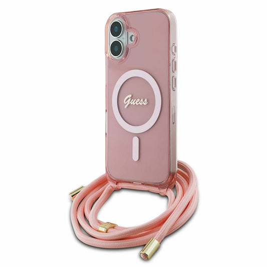 Funda MagSafe para Apple iPhone 16, Guess, IML Crossbody Cord Script, Rosa