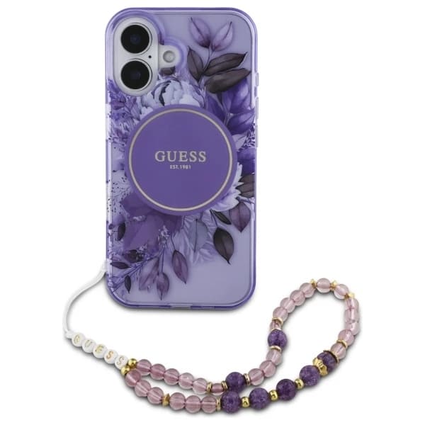 Funda MagSafe para Apple iPhone 16, Guess, IML Flowers with Pearl Strap, Morado
