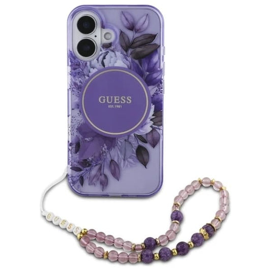 Funda MagSafe para Apple iPhone 16, Guess, IML Flowers with Pearl Strap, Morado