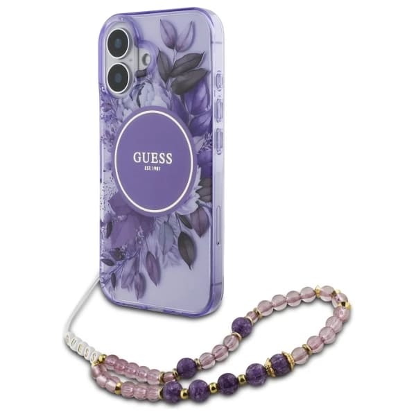 Funda MagSafe para Apple iPhone 16, Guess, IML Flowers with Pearl Strap, Morado