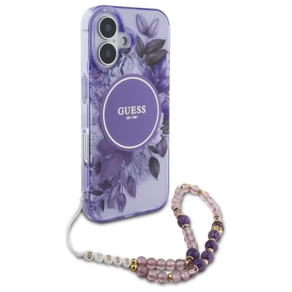 Funda MagSafe para Apple iPhone 16, Guess, IML Flowers with Pearl Strap, Morado