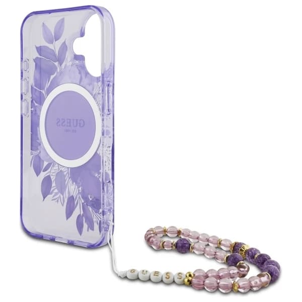Funda MagSafe para Apple iPhone 16, Guess, IML Flowers with Pearl Strap, Morado