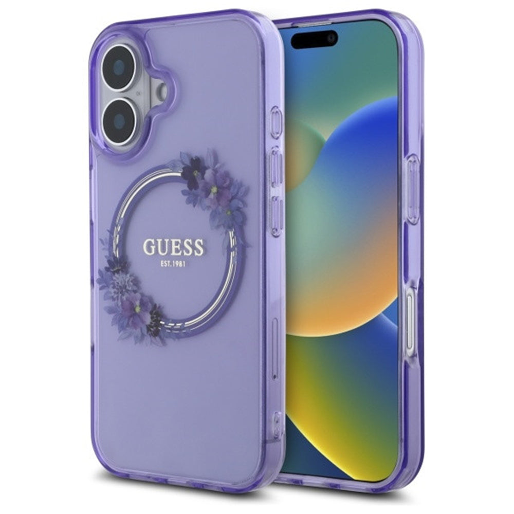 Funda MagSafe para Apple iPhone 16, Guess, IML Flowers Wreath, Morado