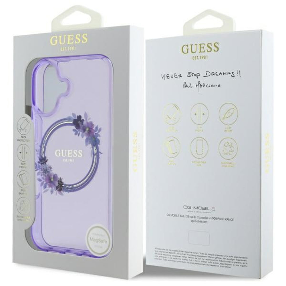 Funda MagSafe para Apple iPhone 16, Guess, IML Flowers Wreath, Morado