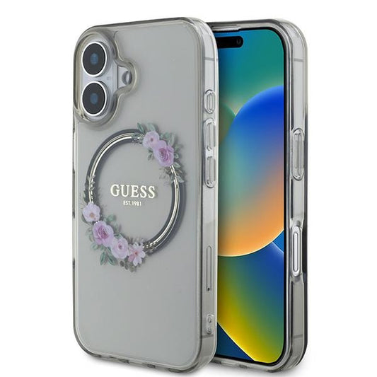 Funda MagSafe para Apple iPhone 16, Guess, IML Flowers Wreath, Negra