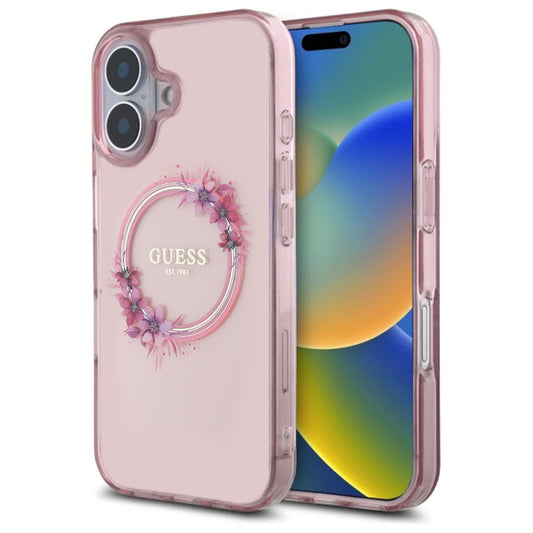 Funda MagSafe para Apple iPhone 16, Guess, IML Flowers Wreath, Rosa