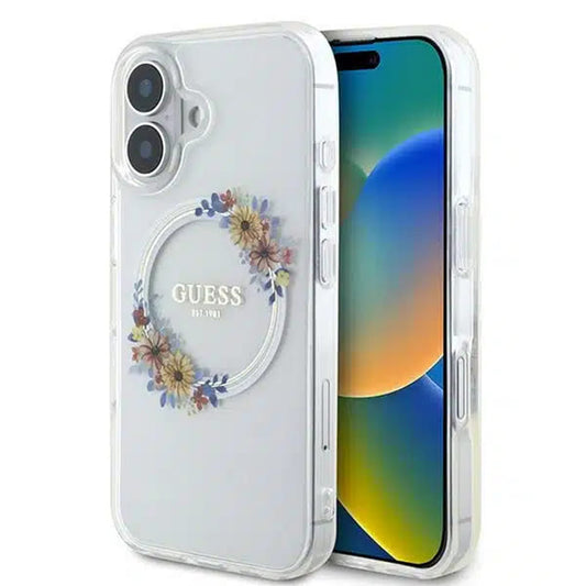 Funda MagSafe para Apple iPhone 16, Guess, IML Flowers Wreath, Transparente