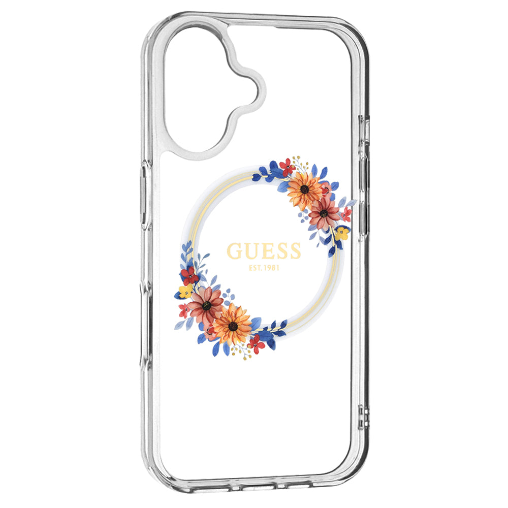 Funda MagSafe para Apple iPhone 16, Guess, IML Flowers Wreath, Transparente