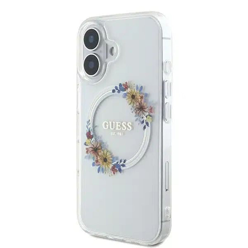 Funda MagSafe para Apple iPhone 16, Guess, IML Flowers Wreath, Transparente