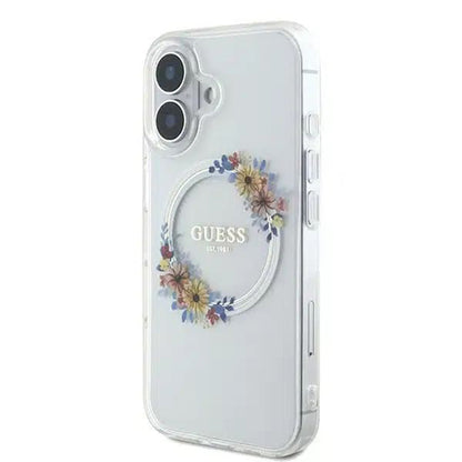 Funda MagSafe para Apple iPhone 16, Guess, IML Flowers Wreath, Transparente
