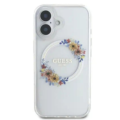 Funda MagSafe para Apple iPhone 16, Guess, IML Flowers Wreath, Transparente