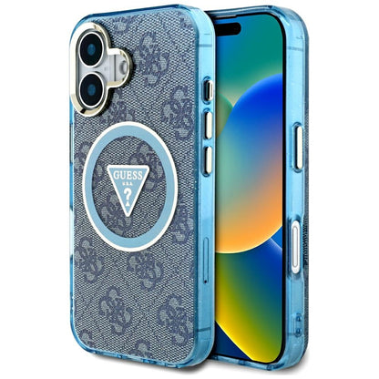 Funda MagSafe para Apple iPhone 16, Guess, IML Glitter 4G Circle Triangle, Azul