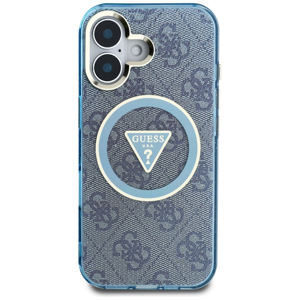 Funda MagSafe para Apple iPhone 16, Guess, IML Glitter 4G Circle Triangle, Azul