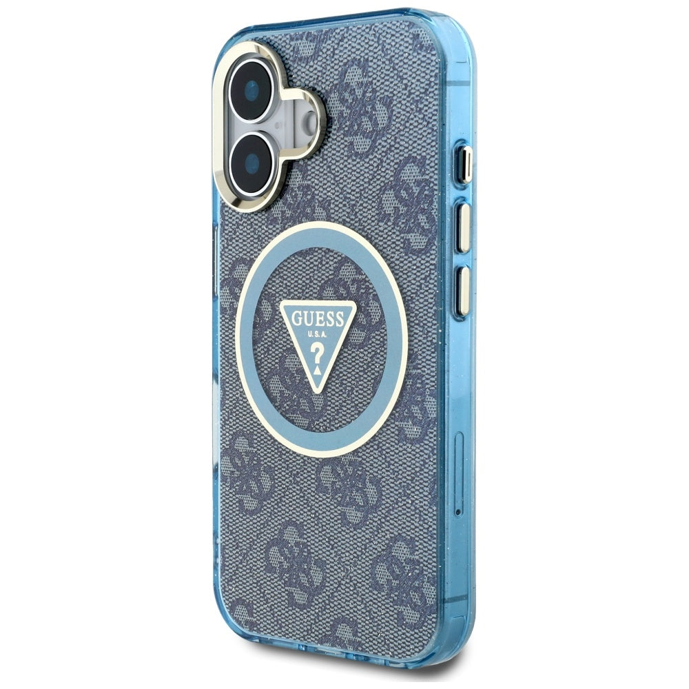 Funda MagSafe para Apple iPhone 16, Guess, IML Glitter 4G Circle Triangle, Azul