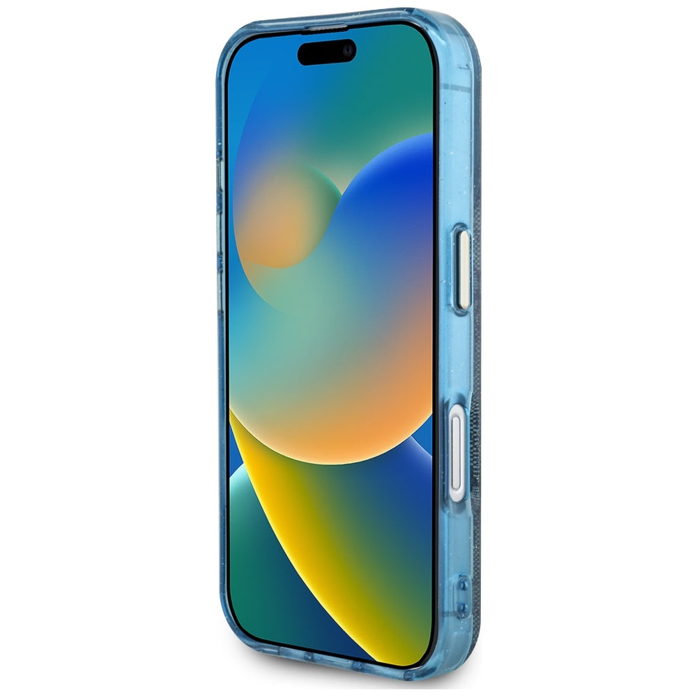 Funda MagSafe para Apple iPhone 16, Guess, IML Glitter 4G Circle Triangle, Azul