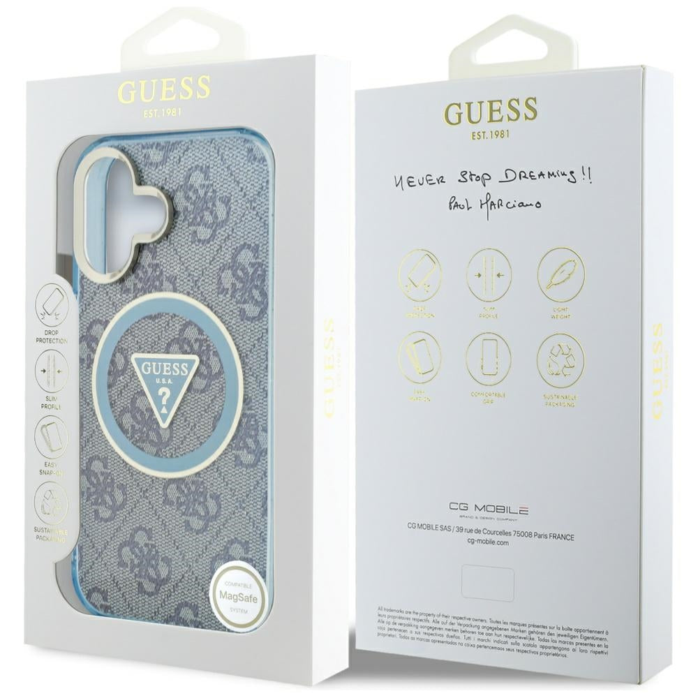Funda MagSafe para Apple iPhone 16, Guess, IML Glitter 4G Circle Triangle, Azul