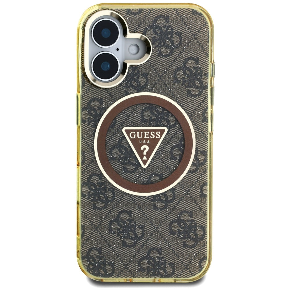 Funda MagSafe para Apple iPhone 16, Guess, IML Glitter 4G Circle Triangle, Marrón