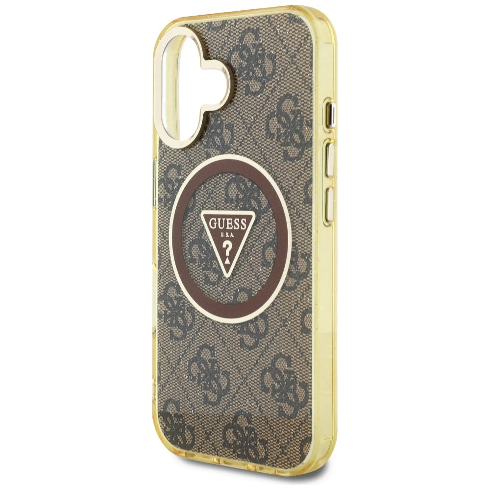 Funda MagSafe para Apple iPhone 16, Guess, IML Glitter 4G Circle Triangle, Marrón