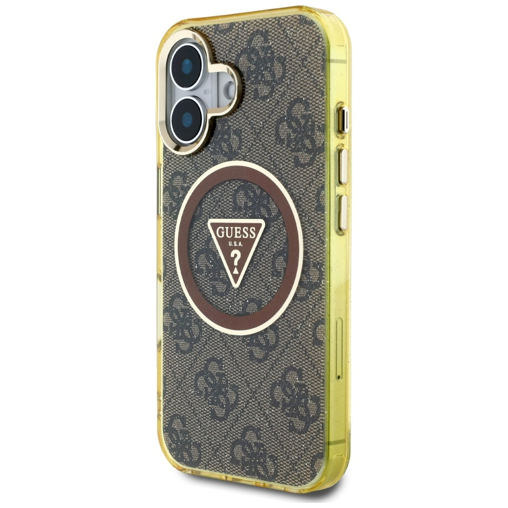 Funda MagSafe para Apple iPhone 16, Guess, IML Glitter 4G Circle Triangle, Marrón
